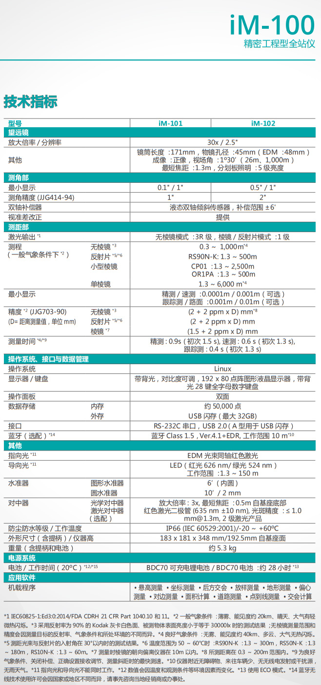 索佳IM-101/IM-102精密全站儀技術參數(shù)